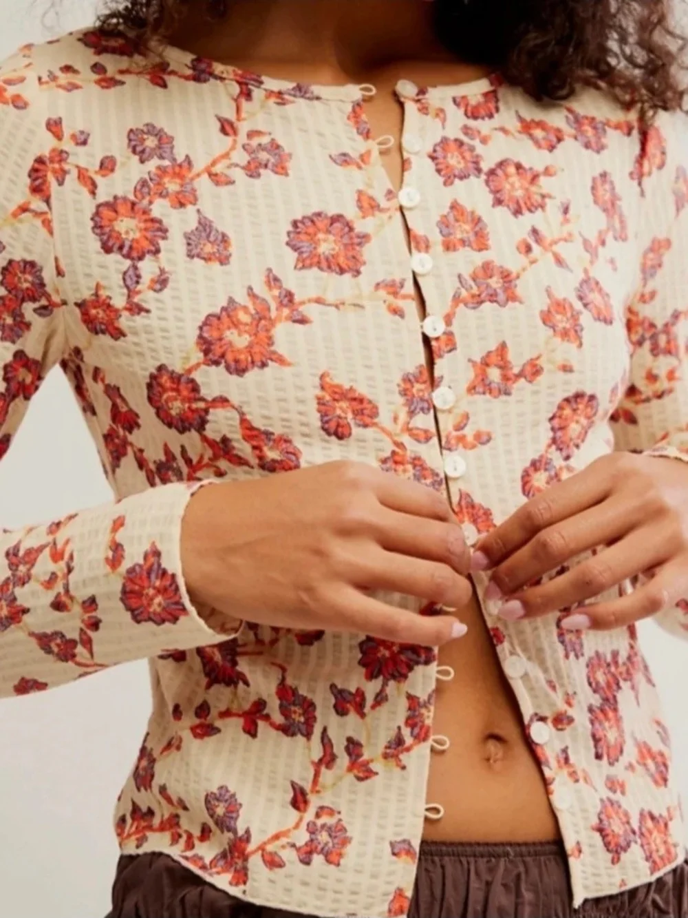 Free People Women’s Floral Button-Front Long Sleeve Top - Cream with Rust Floral
